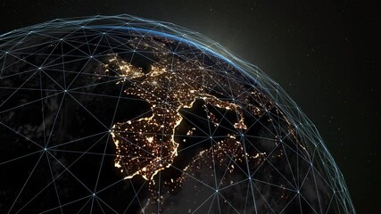 Wall Mural - Digital grid over the surface of the night planet earth. A futuristic, global plexus network that covers the entire planet.