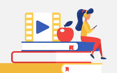 Poster - Online education vector illustration. Cartoon tiny student woman character with headphones sitting on book from library, using smartphone for internet video lesson, webinar to study in web background