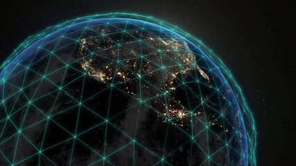 Wall Mural - Digital grid over the surface of the night planet earth. A futuristic, global plexus network that covers the entire planet.