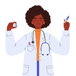 © Olha - Vaccine discovery concept. Scientists doctor with test tube and syringe. Young female african american doctor in a medical gown. Vector illustration in flat cartoon style.