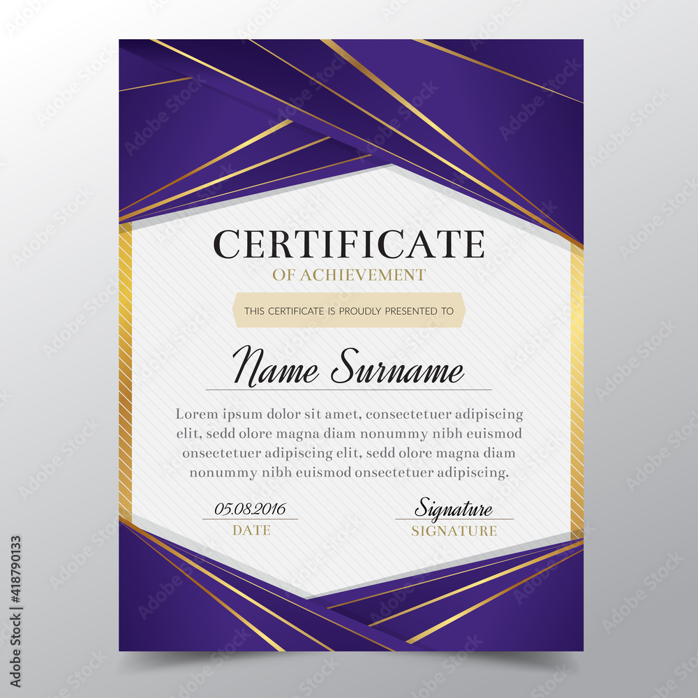Certificate template with Luxury golden and purple elegant design ...