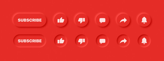 Poster - Neumorphic UI UX Design Elements 3D Vector Buttons YouTube Like Dislike Comment Share Notifications On Abstract Red Background. Active And Inactive Social Media Icons Neumorphism Design Red Version