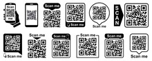 Set QR - Quick Response Code, Inscription Scan Me, Qr Code For Smartphone, Payment, Mobile App Scan, QR Code Collection – Vector