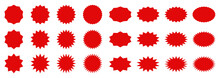Set Of Red Price Sticker, Sunburst Badges Icon. Stars Shape With Different Number Of Rays. Red Starburst Speech Bubble Set, Labels, Stickers - Vector