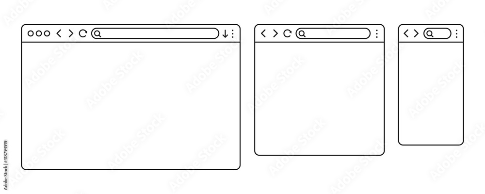 Simple browser window in a flat style, line design a simple blank web page, search in internet, line template mockup browser window on computer, tablet and mobile phone - stock vector - obrazy, fototapety, plakaty 
