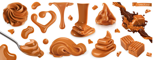 Poster - Caramel, peanut butter. 3d vector realistic set