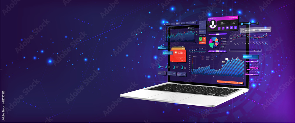 Dashboard Application on laptop with business analytics data, charts and graphics on perspective laptop. Web banner, concept statistics graphs, investment, trade and finance management. Vector  - obrazy, fototapety, plakaty 