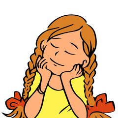 Wall Mural - A young girl with a pigtail and a bow is dreaming. Sits at the table with closed eyes and a happy smile. Illustration of a child character in a pop art style. White background