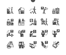 Lose Things. Search For Missing Items. Forget The Phone At Home. Lost And Found. Losing Money, Luggage, Bag, Key, Ring. Vector Solid Icons. Simple Pictogram