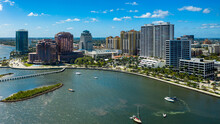 Downtown West Palm Beach Aerial Photograph From The Water With Blue Sky In Background