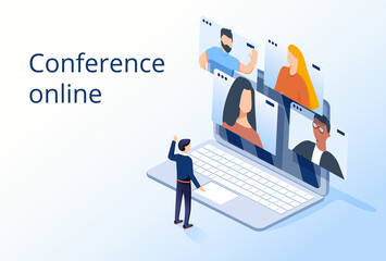 Conference meeting online concept. Live meeting on laptop. Video meeting online.Video conference landing. Conference