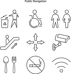 Poster - Public navigation signs line icons set. linear style symbols collection, outline signs pack. vector graphics. Set includes icons as arrow, cctv, wifi, recycle, elevator, people, 