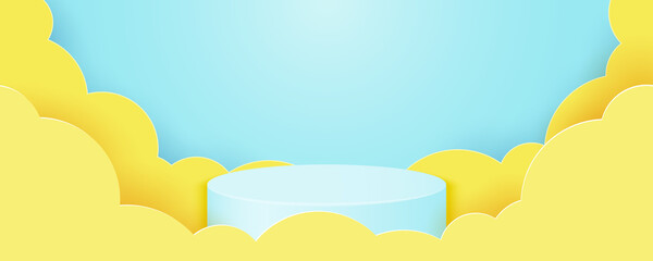 Aufkleber - Cylinder podium in sky blue background. Abstract minimal scene with geometric shape of yellow clouds,product presentation.