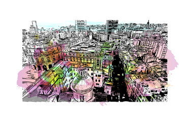 Building view with landmark of Genoa is the 
city in Italy. Watercolour splash with hand drawn sketch illustration in vector.