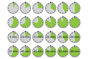 Poster - Green circles clock set. Stopwatch icon vector. White color. Vector image. Chronometer, timer sign. Stock image. EPS 10.