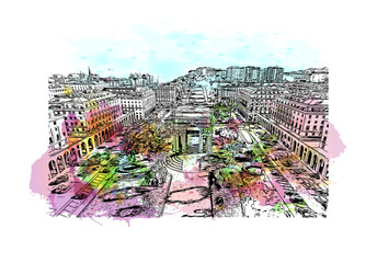 Building view with landmark of Genoa is the 
city in Italy. Watercolour splash with hand drawn sketch illustration in vector.