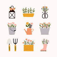 Spring Collection With Different Garden Elements Cute Floral Lantern, Pot, Scissors, Bucket Shop, Watering Can, Vintage Bucket, Spade, Pitchfork, Wooden Box, Rain Boot And Flowers Illustration.