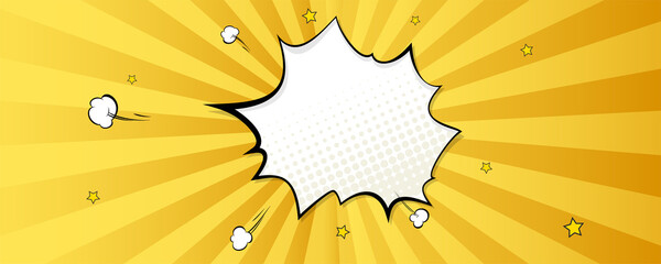Poster - Explode of speech bubble. Vector yellow cartoon background with rays and halftone effect