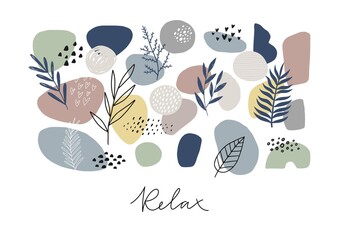 Abstract collage with shape with plant and stone. Flat illustration with sea stones, tropical leaves and and abstract shapes.