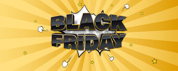 Poster - Black Friday. Volumetric golden glossy text on vintage background. Vector cartoon background with rays and halftone effect. Template for site header