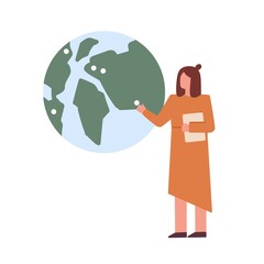 Poster - Geography teacher lecturing and showing globe or Earth planet model. Scene with geographer teaching and explaining. Colored flat vector illustration isolated on white background