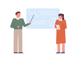 Poster - Teacher and student showing presentation at conference. People presenting and explaining information on blackboard. Education concept. Colored flat vector illustration of speakers isolated on white