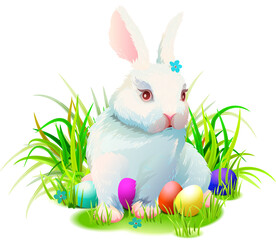 Wall Mural - Cute easter rabbit bunny sits on green grass and painted eggs Easter symbol