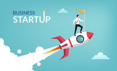 successful businessman start up holding flag on rocket flying through sky. business concept illustra