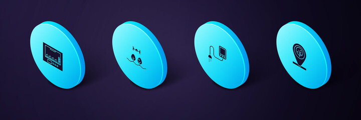 set isometric location and tree, sensor, smart farm with drone and incubator for eggs icon. vector.