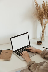 Wall Mural - Working at home concept. Girl working on laptop. Aesthetic minimalist workspace background. Blank space screen laptop computer. Blog, social media, web, magazine template.