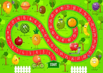 Wall Mural - Kids board game vector template, step boardgame with block path, numbers, start, finish and cartoon fruits sportsmen. Characters exercising, educational children riddle, family, preschool activity