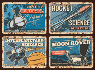 Poster - Space rockets, planets exploration metal rusty plates, vector orbital station. Space science and spacecraft technology, lunar rover on moon surface and interplanetary research center retro posters