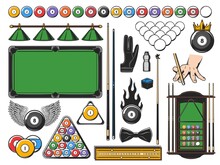 Pool Snooker And Billiards Game Equipment Icons And Player Items, Vector. Billiards Poolroom Or Snooker Pool Rack For Cues And Balls And Triangle, Scoreboard And Chalk, Glove And 8 Ball On Green Table