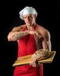 © Volodymyr - Chef man. Sexy chef male apron with bread and knife. Cooking and baking.