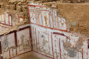 Remains of ancient terrace houses of Ephesus decorated with mosaics, frescos and columns showing wealthy life during Roman period, Turkey..