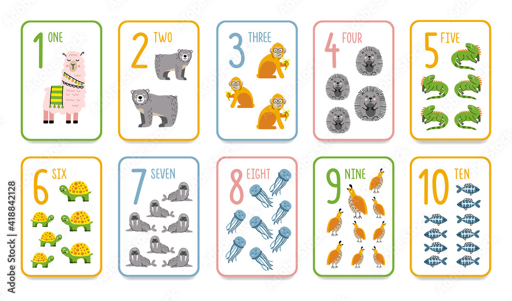 Printable numbers flashcards with animals for preschool learning. English math for kids from 1 to 10. Cartoon style vector count flash cards. Stock Vector | Adobe Stock printable-numbers-flashcards-with-animals-for-preschool-learning-english-math-for-kids-from-1-to-10-cartoon-style-vector-count-flash-cards-stock-vector-adobe-stock