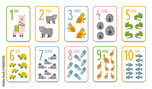 Printable numbers flashcards with animals for preschool learning ...