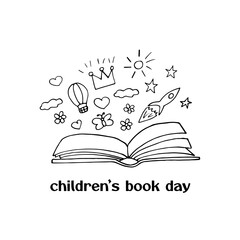 children book day template card, poster, flyer, banner. open book, rocket, balloon, crown, heart, sun, stars. fantasy, fairy tale, imagination. sketch hand drawn doodle. vector, minimalism, monochrome