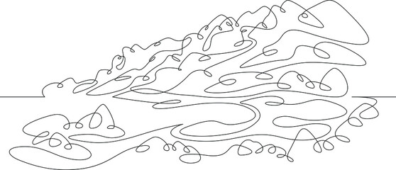 Wall Mural - Coastal landscape. Rocks and mountains by the sea. Panoramic view of the coastline with the bay and trees. One continuous drawing line  logo single hand drawn art doodle isolated minimal illustration.