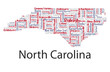 Word cloud map design includes all Counties, Cities, Municipalities in the state of North Carolina. Three different types of fonts are grouped by different colors so they can be easily edited.