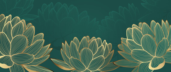 luxury wallpaper design with golden lotus and green natural background. lotus line arts design for f