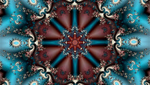 Beautiful Abstract Wallpaper For A Computer Desktop With A Fractal Ornament In The Form Of Spirals And A Beautiful Red Figure In The Center On A Blue Background