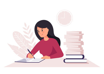 Home office concept, woman working from home, student or freelancer. Woman studying with books. Woman with books, studying or working concept.