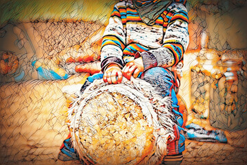  child playing a djembe drum with natural goat fur features.