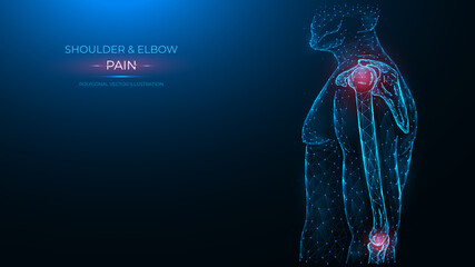 Polygonal vector illustration of pain and inflammation of the shoulder and elbow joint on a dark blue background. A man with a sore shoulder and elbow.