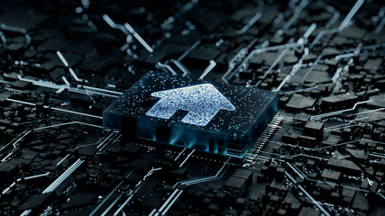 Internet Technology Concept with home symbol on a Microchip. Data flows from the CPU across a Futuristic Motherboard. 3D render.