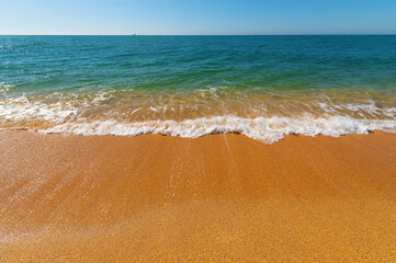 Soft sea wave on a sandy beach without people on a sunny day