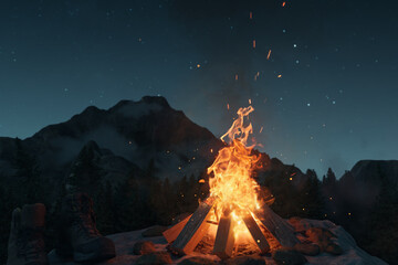 Wall Mural - 3d rendering of big bonfire with sparks and particles next to hiking boots in front of foggy mountai
