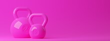 Two Pink Fitness Gym Kettlebells On Pink Background, Muscle Exercise, Bodybuilding Or Woman's Fitness Concept