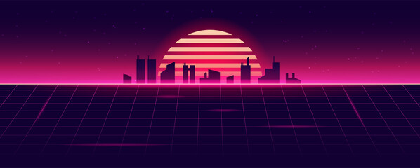 Retro futuristic night city. Cityscape with neon lights, retro sun and laser grid. Cyberpunk concept. 80s. Vaporwave abstract background. Vector illustration
landscape. ultra wide resolution